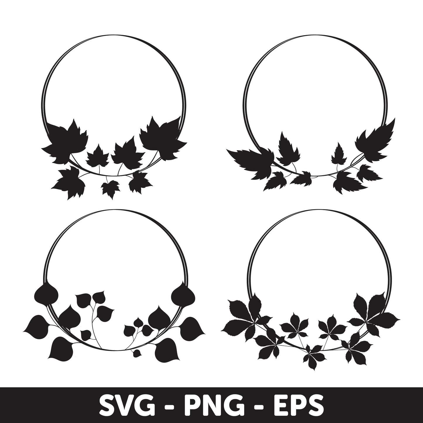 Black Silhouette Autumn Wreaths SVG, Wedding Wreath Svg, Wreath Monogram Svg, Leaves Svg, Circle Svg, Plant Svg, Wedding Wreath Svg