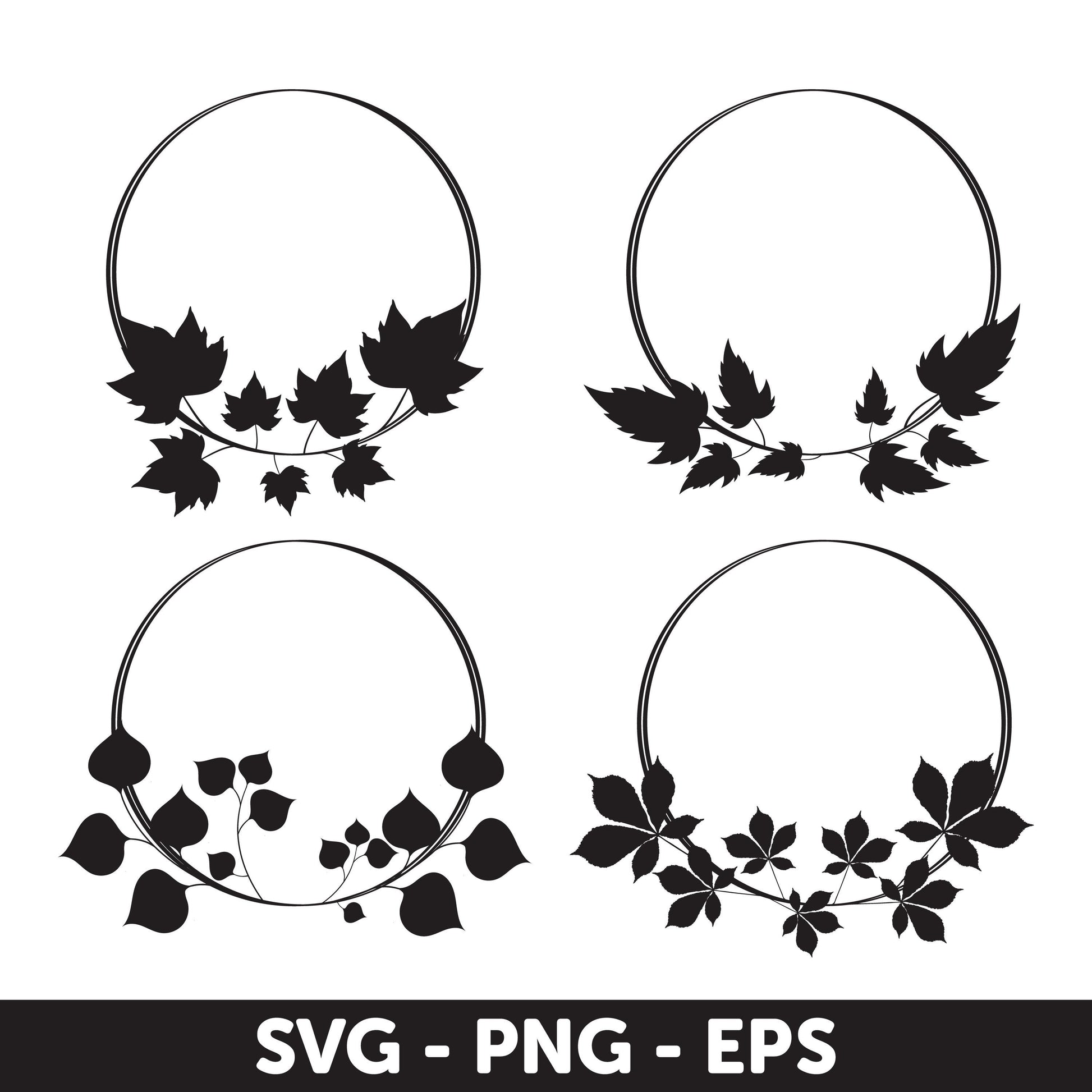 Black Silhouette Autumn Wreaths SVG, Wedding Wreath Svg, Wreath Monogram Svg, Leaves Svg, Circle Svg, Plant Svg, Wedding Wreath Svg