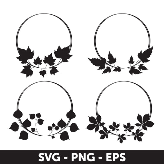 Black Silhouette Autumn Wreaths SVG, Wedding Wreath Svg, Wreath Monogram Svg, Leaves Svg, Circle Svg, Plant Svg, Wedding Wreath Svg