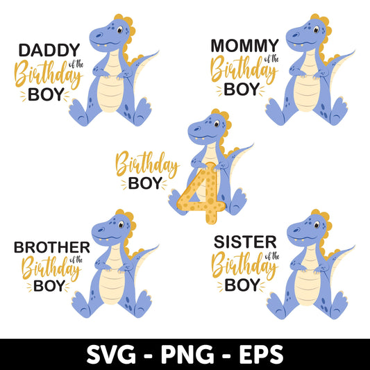 Dinosaur Birthday Boy Family Bundle – SVG, Blue Dinosaur Party Decoration Svg, Dinosaur Birthday Svg, Family celebration set, 4th birthday