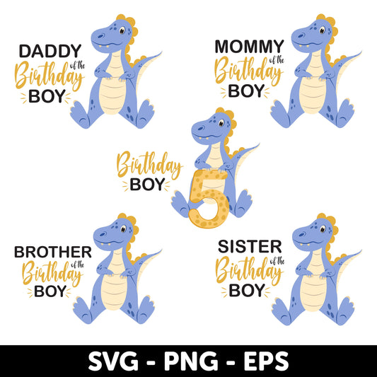 Dinosaur 5th Birthday Family Bundle – SVG, Dinosaur Birthday Svg, Blue Dinosaur Party Decoration Svg, Boy's 5th Birthday Svg
