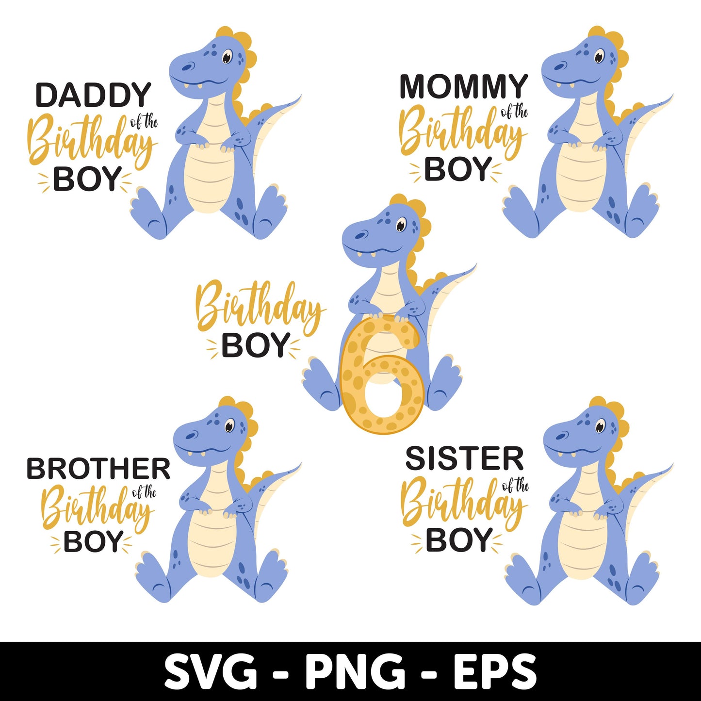 6th Birthday Svg, Dino Birthday Family Shirt Design Set, Blue Dinosaur Party Decoration Svg, Dinosaur Birthday Svg, Family celebration set