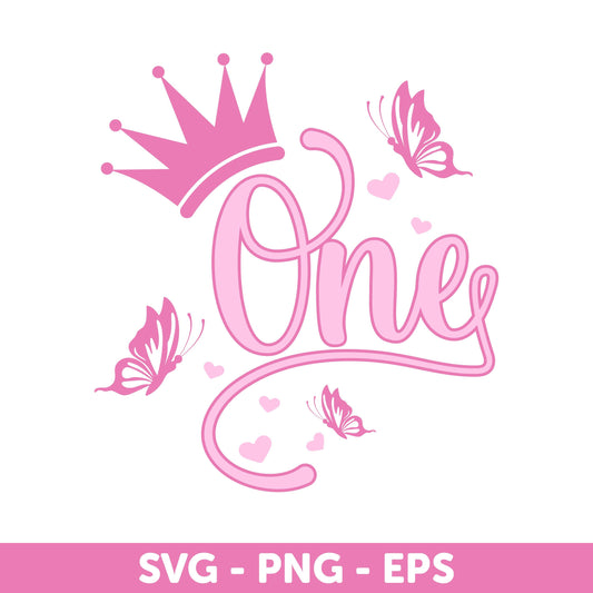 First Birthday Design with Crown and Butterflies SVG, 1st birthday design, Princess Birthday Svg, Girls 1st Birthday Svg