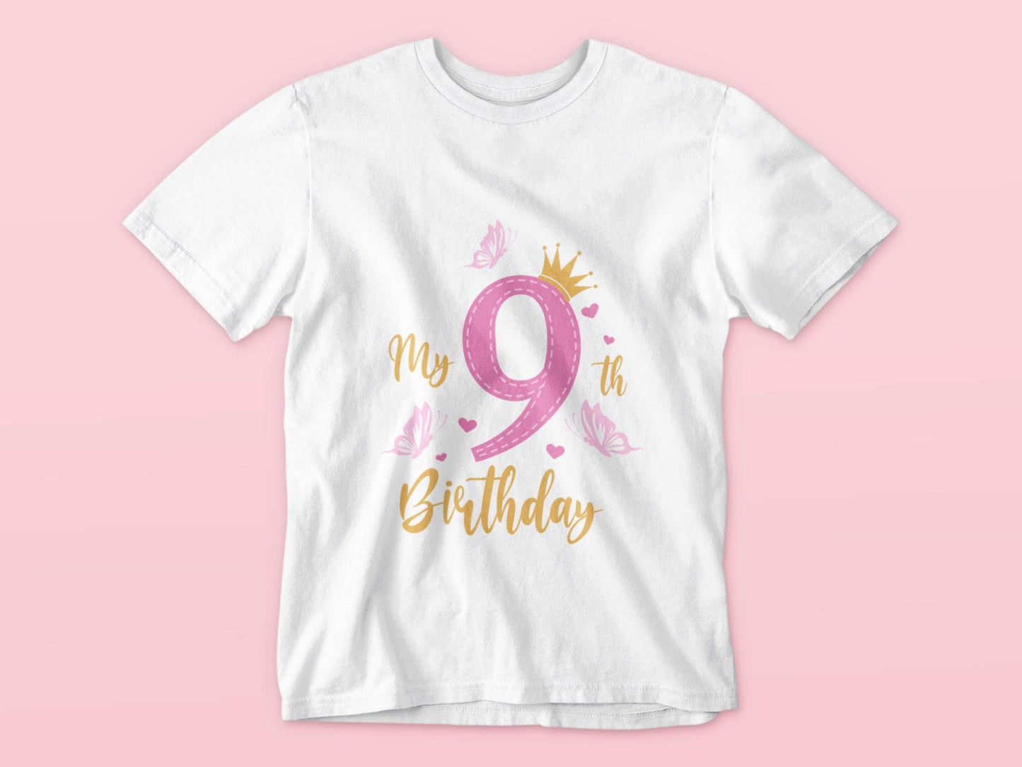 Princess Crown and Butterflies Design Svg, 9th Birthday Svg, Princess Birthday Svg, Girls 9th Birthday Svg, Birthday T-shirt SVG