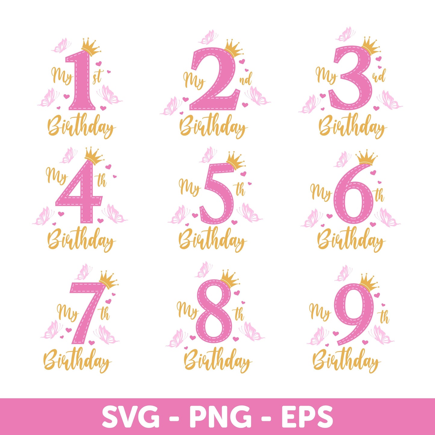 Birthday Numbers Svg, Princess Birthday Numbers SVG, Princess Birthday Svg, Princess Crown and Butterflies Design Svg, Gold Crown Svg
