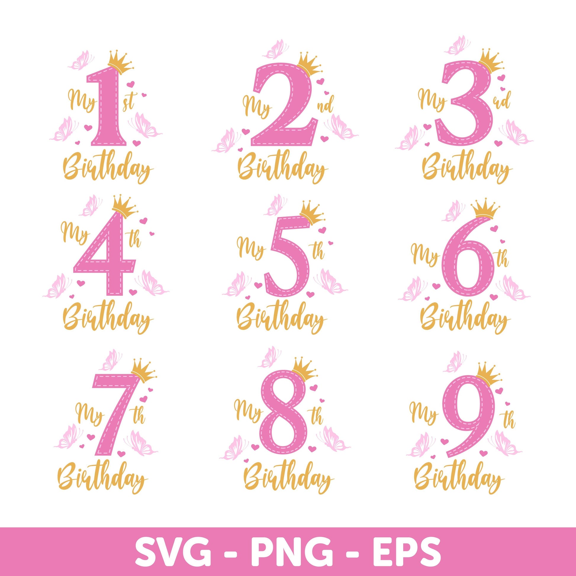 Birthday Numbers Svg, Princess Birthday Numbers SVG, Princess Birthday Svg, Princess Crown and Butterflies Design Svg, Gold Crown Svg