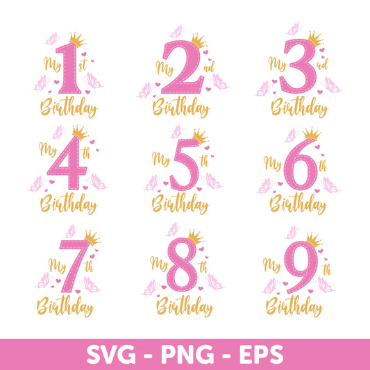 Birthday Numbers Svg, Princess Birthday Numbers SVG, Princess Birthday Svg, Princess Crown and Butterflies Design Svg, Gold Crown Svg
