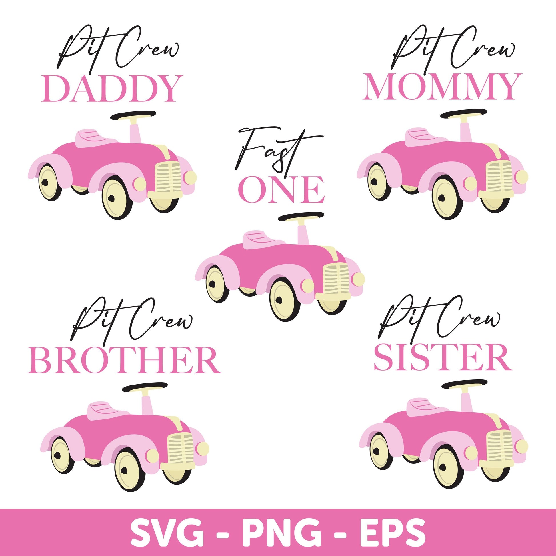 FAST ONE Race Car, Pink Race Car 1st Birthday Girl Shirt, Pink Pit Crew Family SVG Bundle, Pink Vintage Car Family Svg, Family Matching Svg
