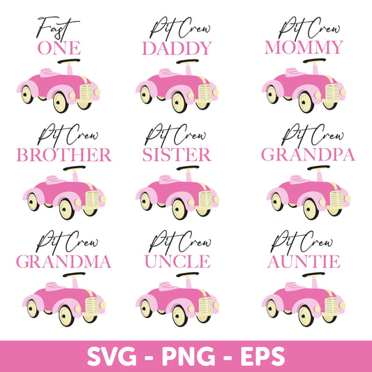 FAST ONE Race Car, Pink Race Car 1st Birthday Girl Shirt, Pink Pit Crew Family SVG Bundle, Pink Vintage Car Family Svg, Family Matching Svg