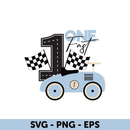 Fast One Svg, 1st Birthday Racing Car, Blue Vintage Car SVG, 1st Birthday Boy Shirt, Birthday Decoration Svg, Racing Car Birthday