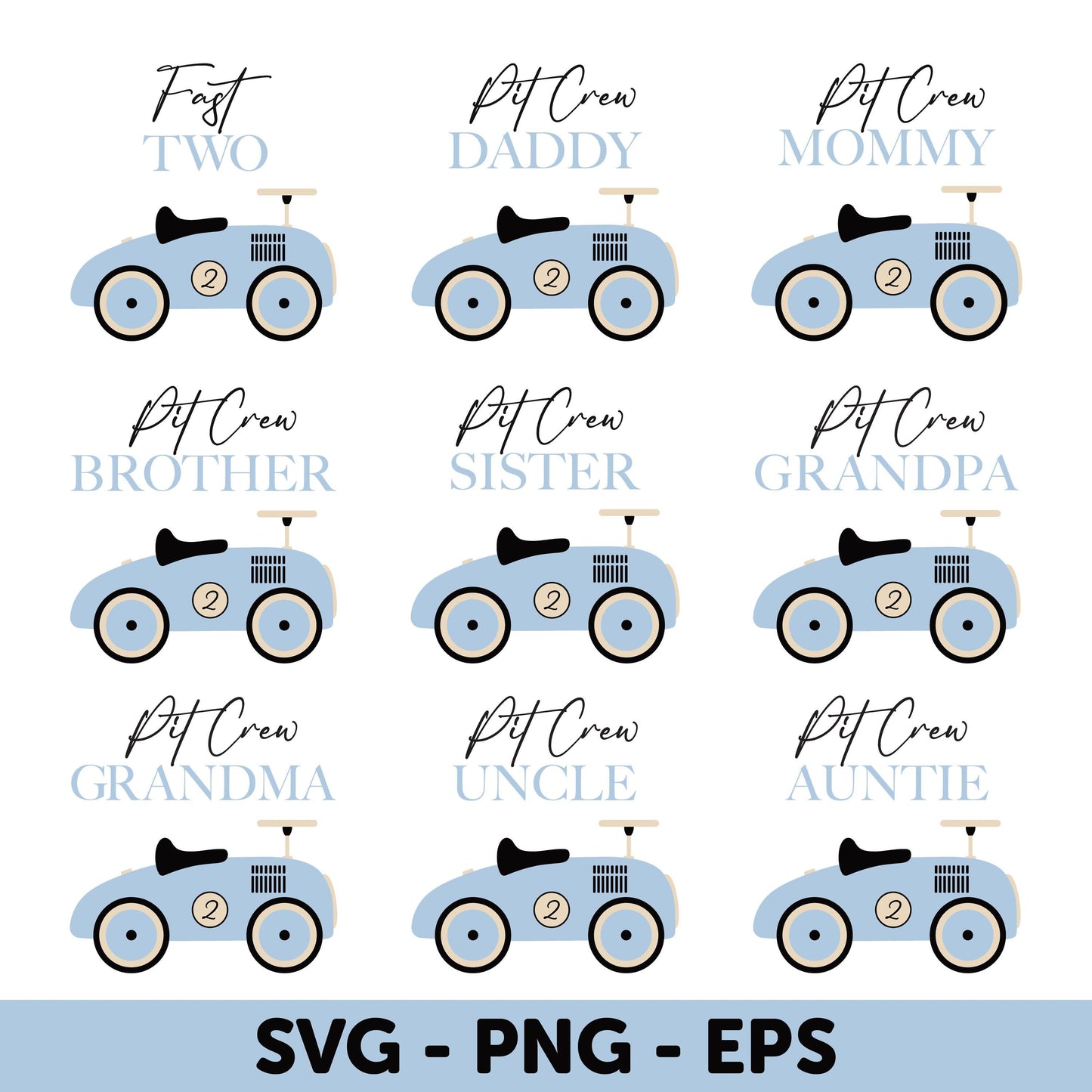 Blue Vintage Car Family SVG Bundle, Pit Crew Birthday Car Design Set SVG, Fast two SVG, 2nd Birthday Boy, Matching Family Birthday