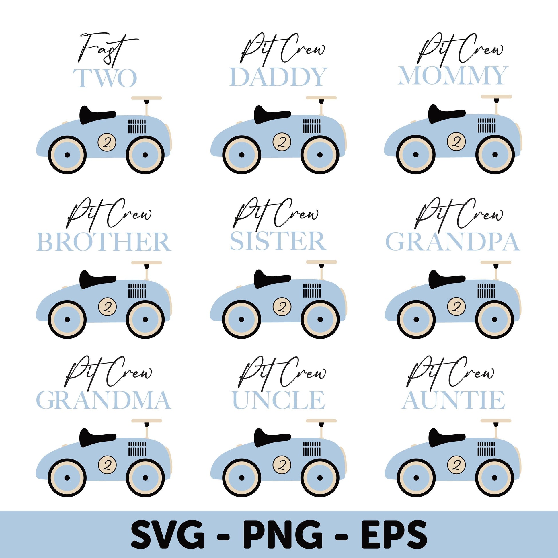 Blue Vintage Car Family SVG Bundle, Pit Crew Birthday Car Design Set SVG, Fast two SVG, 2nd Birthday Boy, Matching Family Birthday