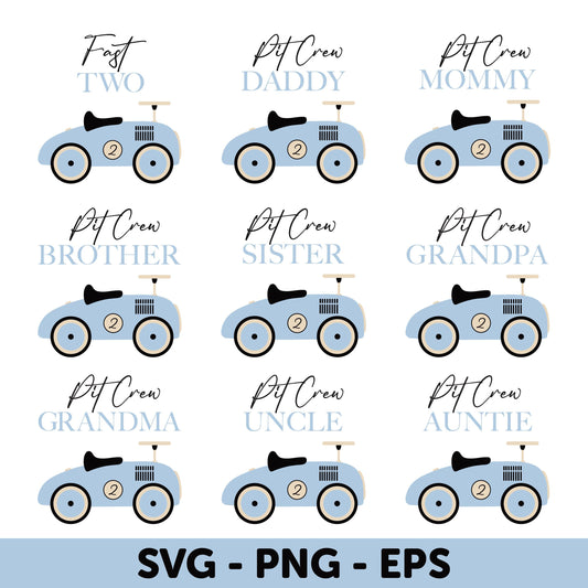 Blue Vintage Car Family SVG Bundle, Pit Crew Birthday Car Design Set SVG, Fast two SVG, 2nd Birthday Boy, Matching Family Birthday
