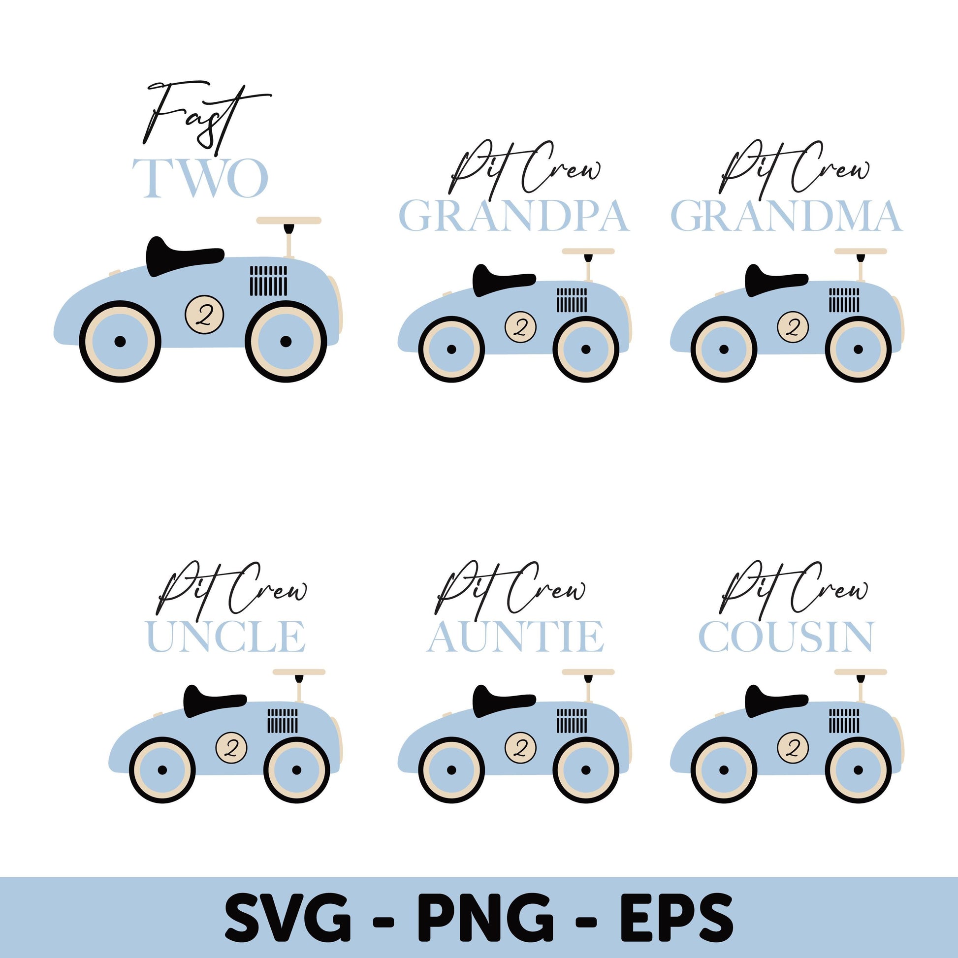 Blue Vintage Car Family SVG Bundle, Pit Crew Birthday Car Design Set SVG, Fast two SVG, 2nd Birthday Boy, Matching Family Birthday