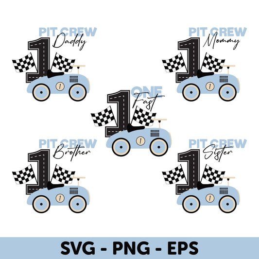 First Birthday SVG, Race Car SVG Bundle, Pit Crew Family SVG, Blue Vintage Car Family Svg, Fast One Svg, 1st Birthday Boy Shirt