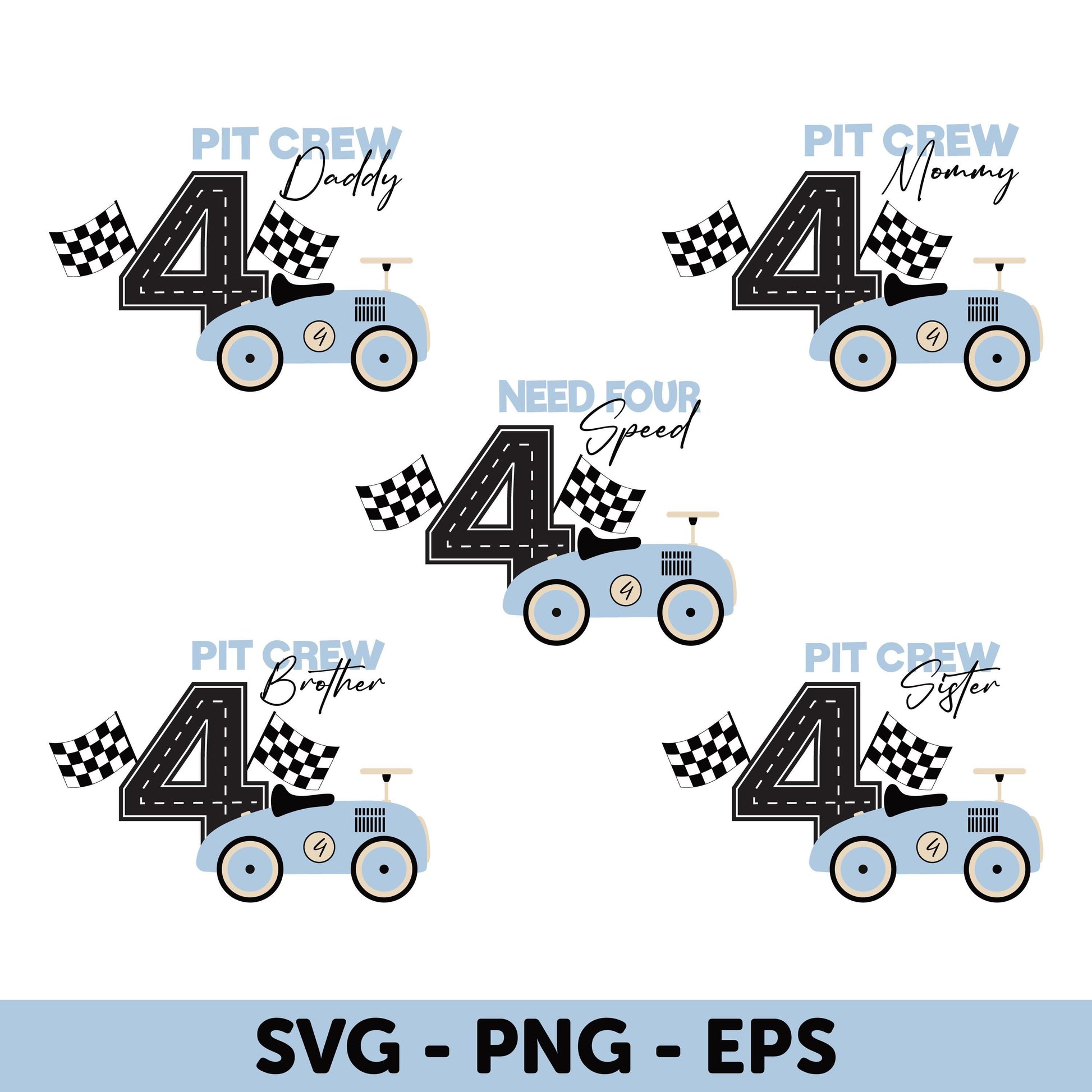 Need Four Speed Birthday SVG, Pit Crew Birthday Set, Age 4 Racing Theme - SVG, Cars 4th Birthday Svg, Blue Vintage Car Family SVG Bundle