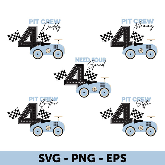 Need Four Speed Birthday SVG, Pit Crew Birthday Set, Age 4 Racing Theme - SVG, Cars 4th Birthday Svg, Blue Vintage Car Family SVG Bundle