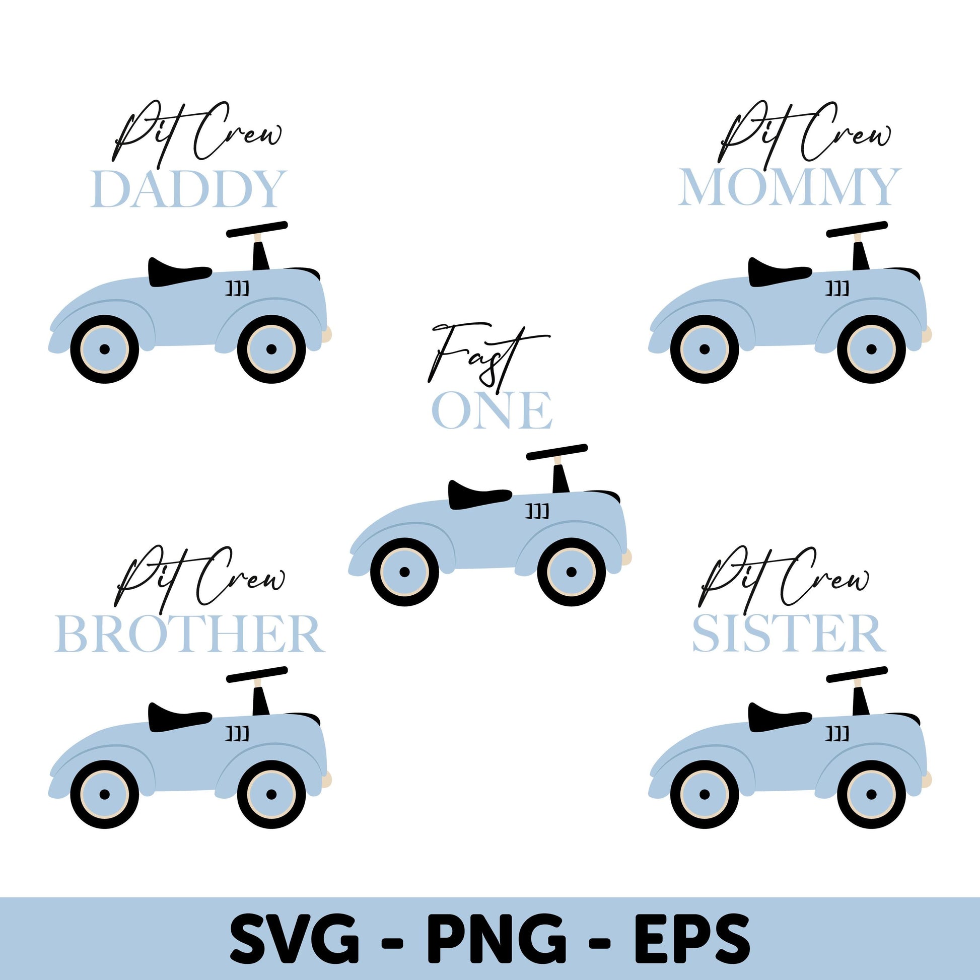 Race Car Family Set, Blue Vintage Car Family SVG Bundle, Pit Crew Daddy, SVG Family Matching, Blue Race Car Birthday, Birthday Boy Car Theme