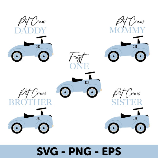 Race Car Family Set, Blue Vintage Car Family SVG Bundle, Pit Crew Daddy, SVG Family Matching, Blue Race Car Birthday, Birthday Boy Car Theme
