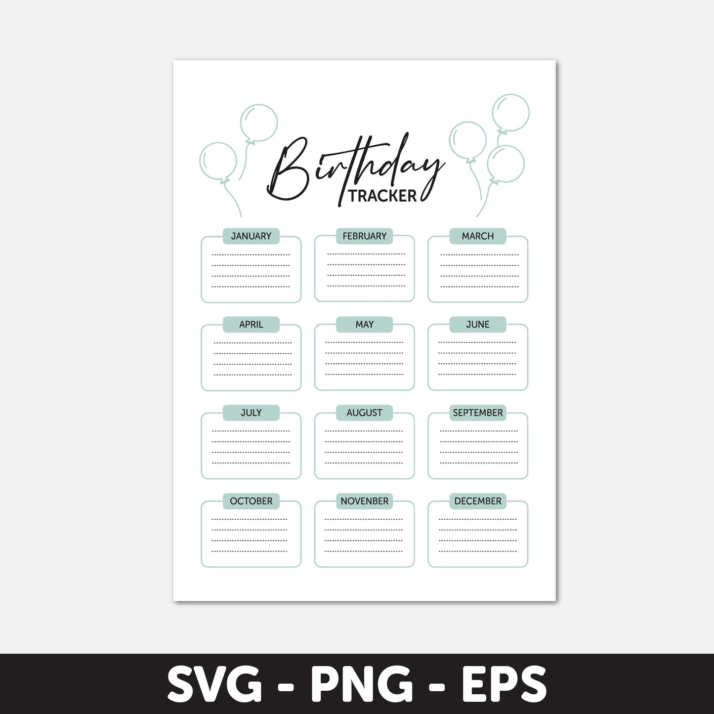 Birthday Tracker Printable, Birthday Planner, Monthly Birthday Calendar Digital Download - Organize Birthdays SVG