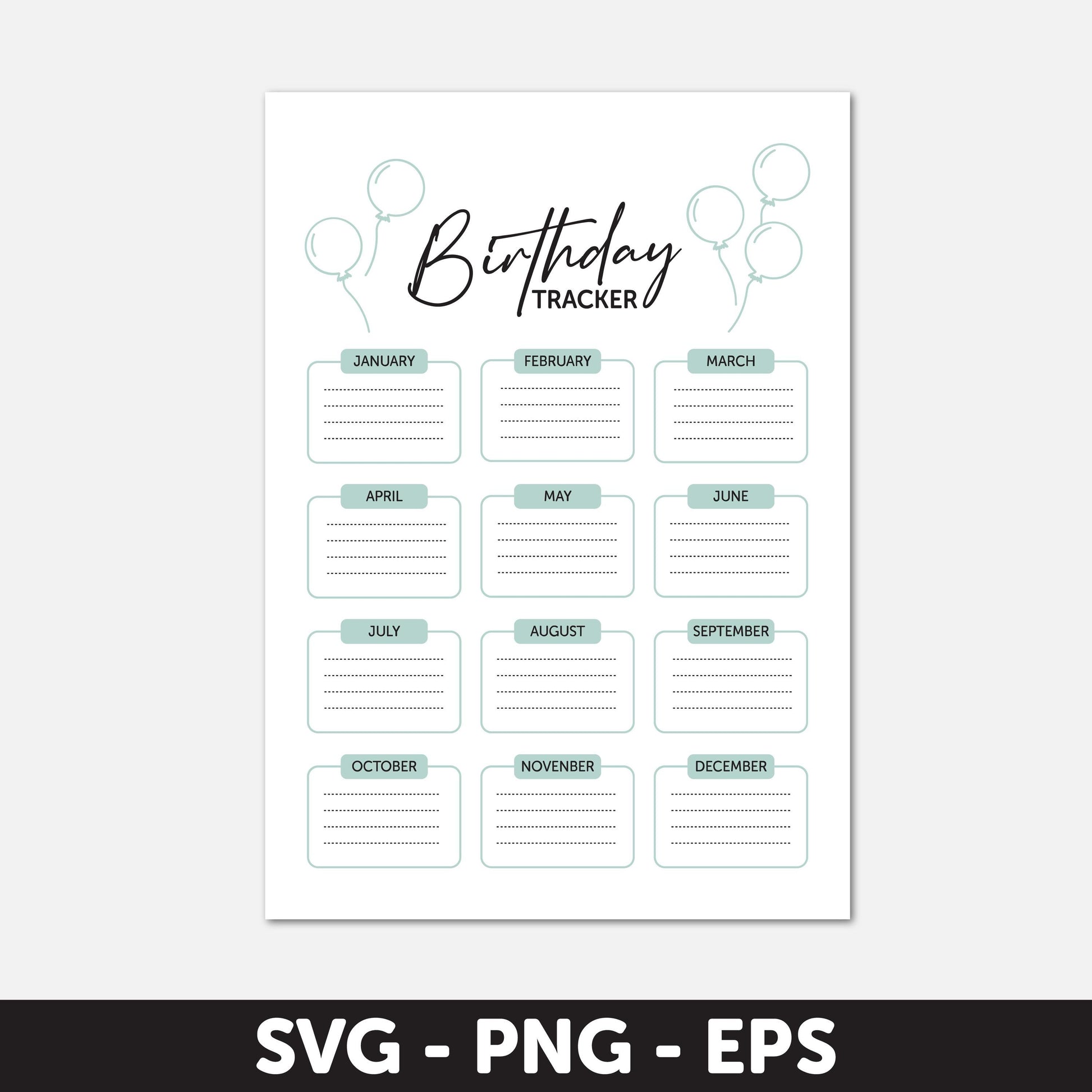 Birthday Tracker Printable, Birthday Planner, Monthly Birthday Calendar Digital Download - Organize Birthdays SVG