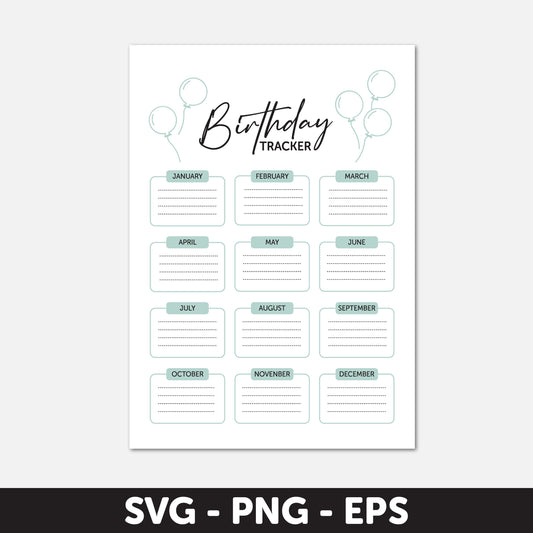 Birthday Tracker Printable, Birthday Planner, Monthly Birthday Calendar Digital Download - Organize Birthdays SVG