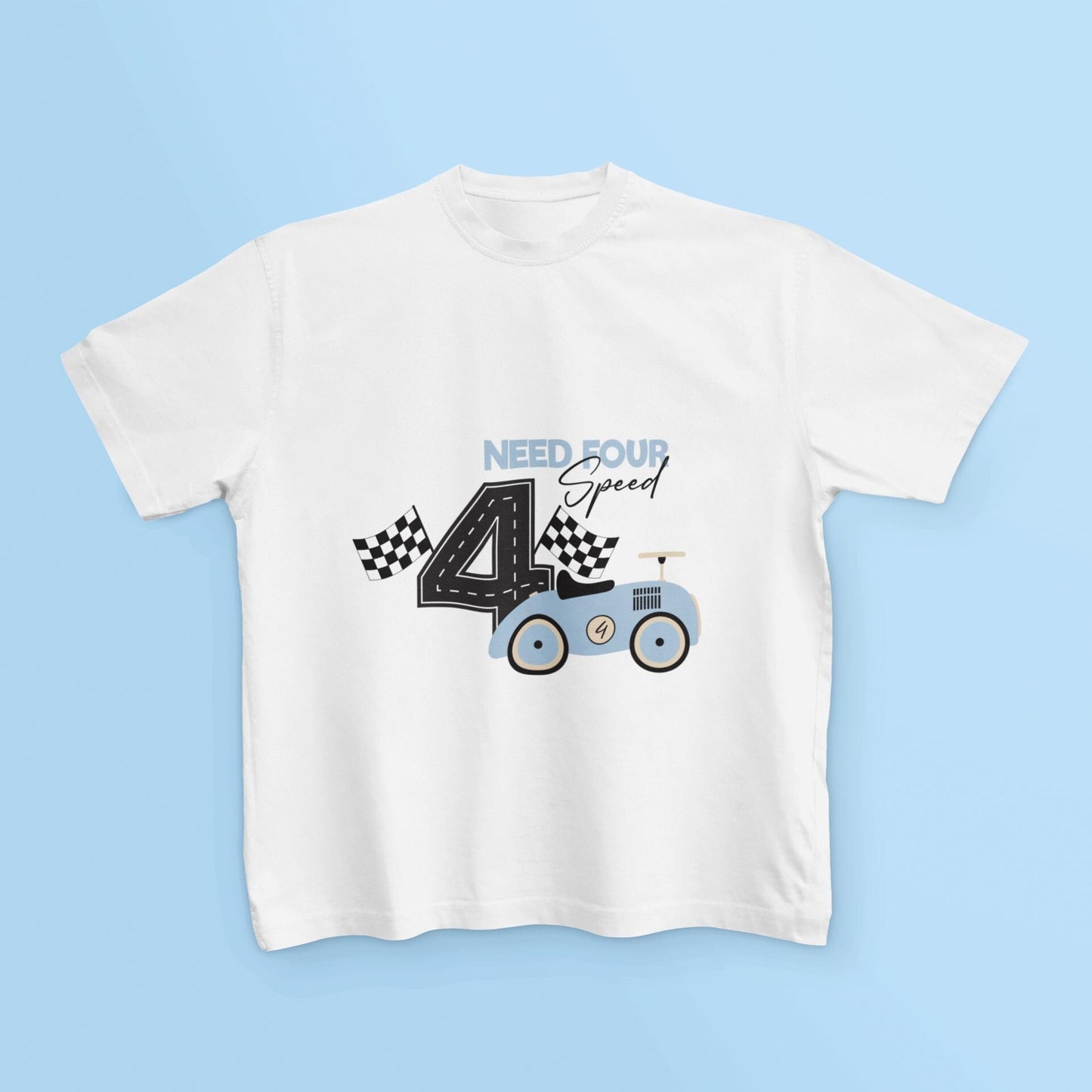 Need Four Speed Birthday Decoration for Kids - SVG, PNG, EPS, 4th Birthday Design, Checkered Flags Svg, Blue Race Car Svg, Kids Birthday