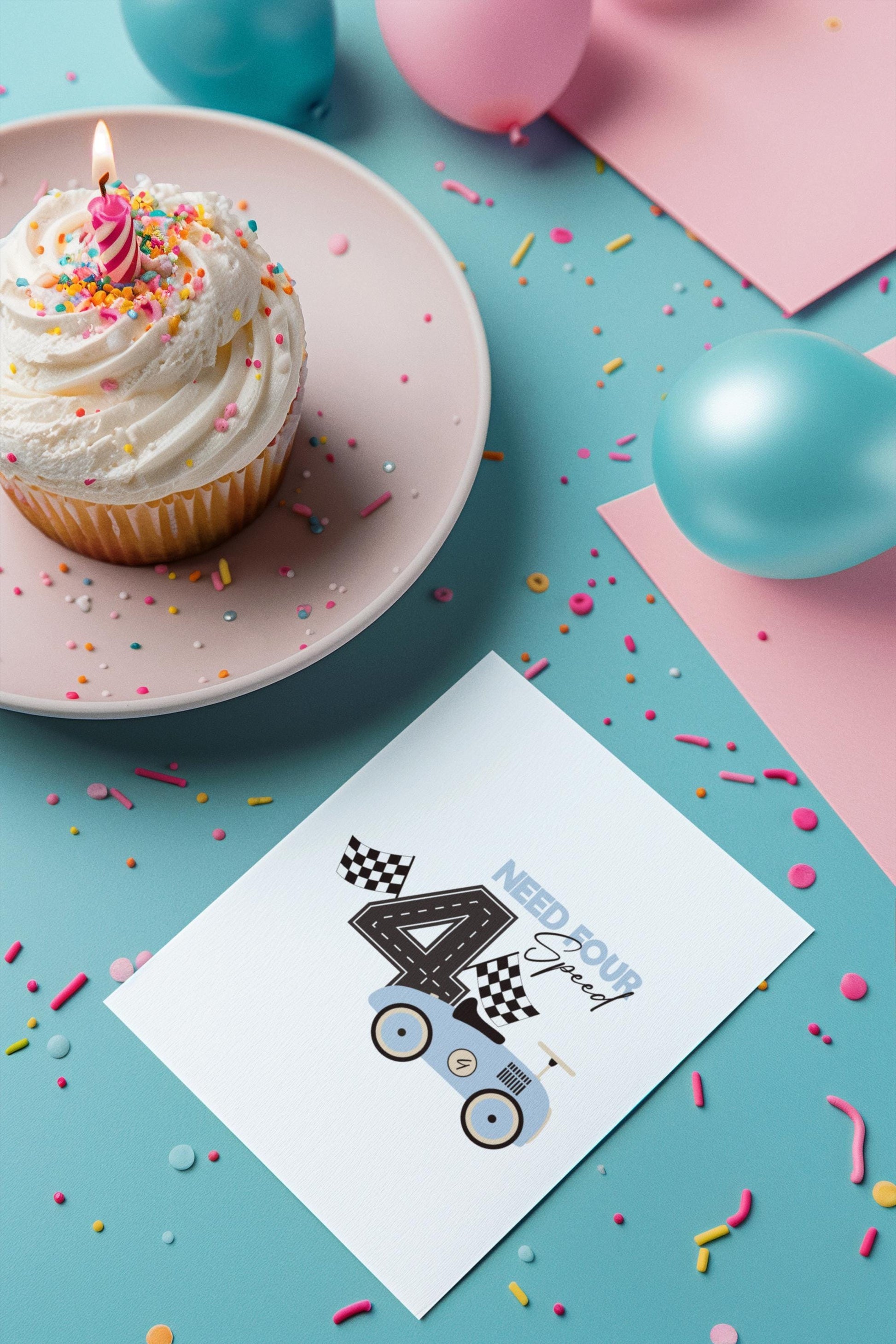 Need Four Speed Birthday Decoration for Kids - SVG, PNG, EPS, 4th Birthday Design, Checkered Flags Svg, Blue Race Car Svg, Kids Birthday