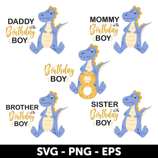 Birthday Boy Svg, 7th Birthday Svg, Dino Birthday Family Shirt Design Set, Blue Dinosaur Party Decoration Svg, Family celebration set