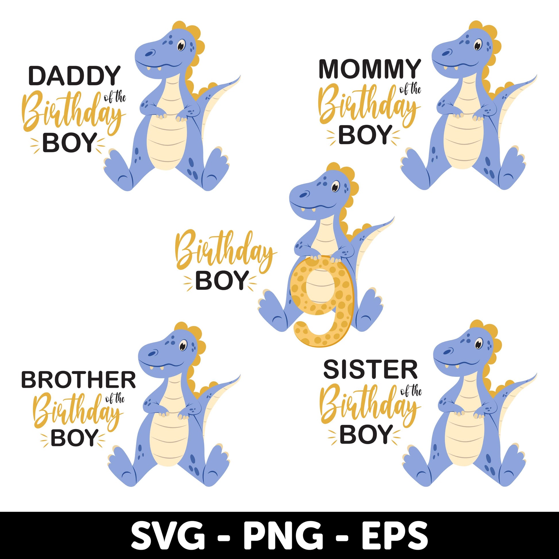 Birthday Boy Svg, 9th birthday Svg, Dinosaur Birthday Family Shirt Design Set, Blue Dinosaur Party Decoration Svg, Dinosaur Birthday Svg