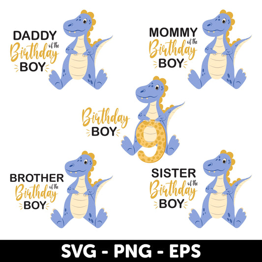 Birthday Boy Svg, 9th birthday Svg, Dinosaur Birthday Family Shirt Design Set, Blue Dinosaur Party Decoration Svg, Dinosaur Birthday Svg