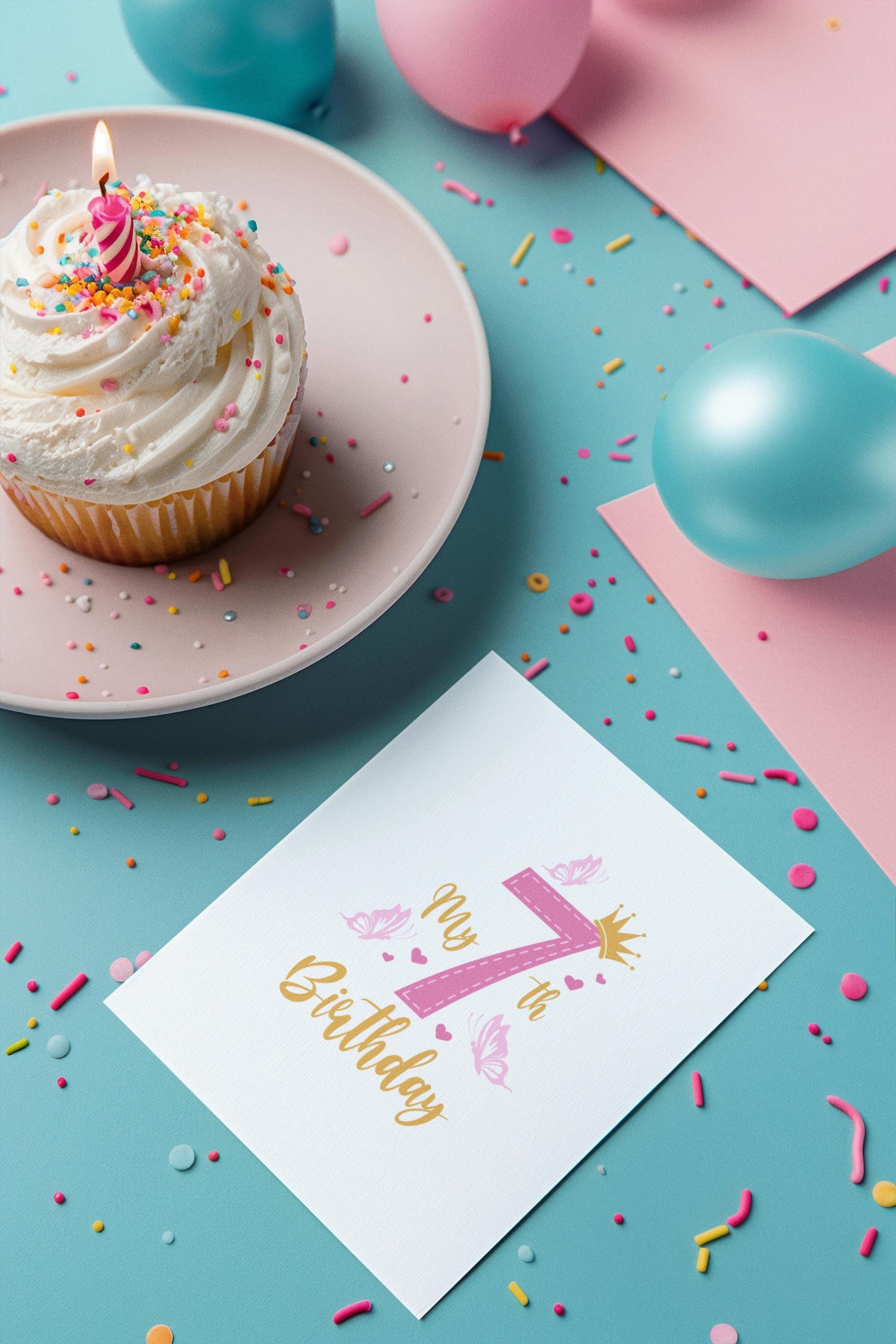 7th Birthday Svg, Princess Birthday Svg, Crown and Butterfly Design for Girls Svg, Kids Birthday SVG, Birthday Party Design Svg