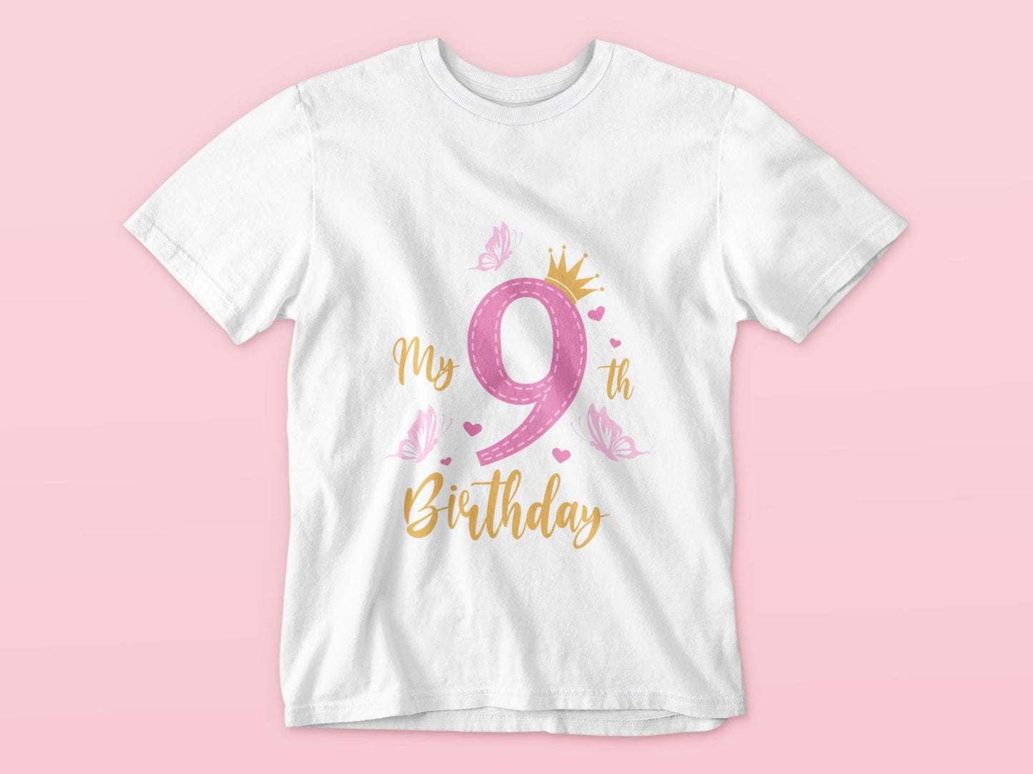 Princess Crown and Butterflies Design Svg, 9th Birthday Svg, Princess Birthday Svg, Girls 9th Birthday Svg, Birthday T-shirt SVG
