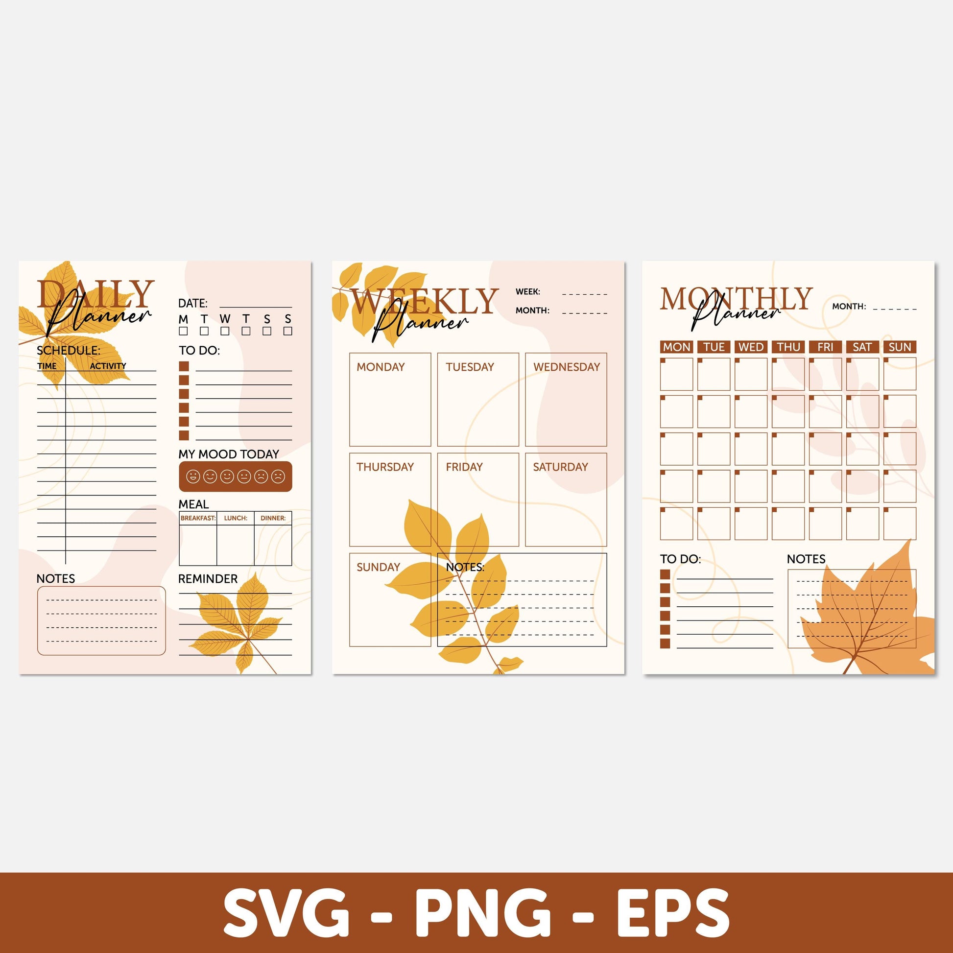 Elegant Autumn Themed A4 Planner Set Daily, Digital download, Monthly Calendar, Weekly Planner Svg, Calendar Svg, Daily Planner Template