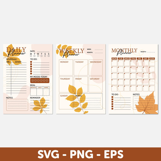 Elegant Autumn Themed A4 Planner Set Daily, Digital download, Monthly Calendar, Weekly Planner Svg, Calendar Svg, Daily Planner Template