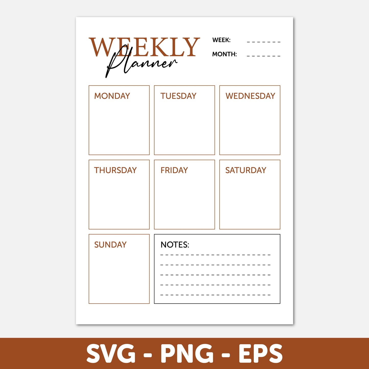 Blank Calendar SVG, Digital Weekly Calendar Vector, Digital Weekly Planner, Printable Planner, Planner for Office, Weekly Schedule Planner
