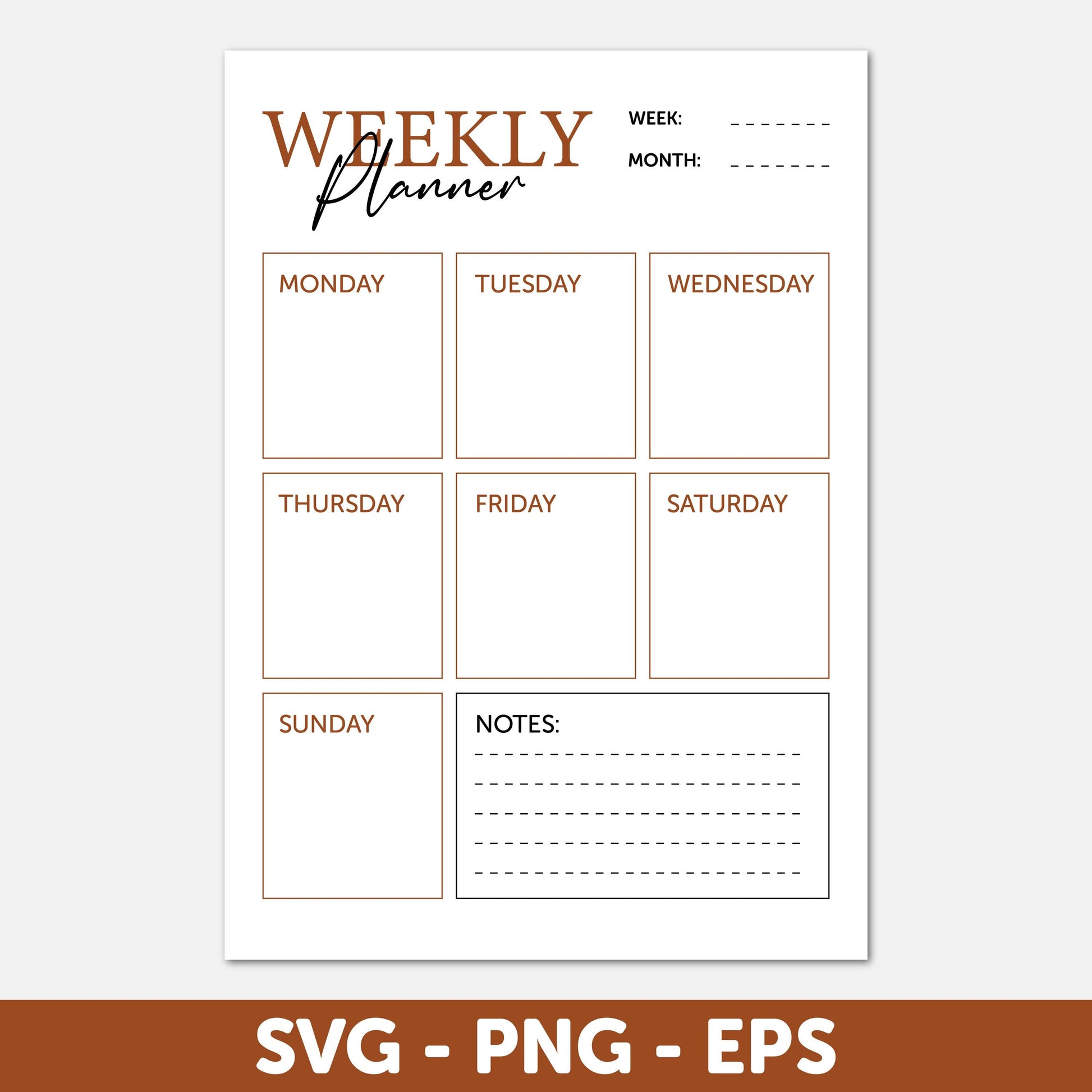 Blank Calendar SVG, Digital Weekly Calendar Vector, Digital Weekly Planner, Printable Planner, Planner for Office, Weekly Schedule Planner
