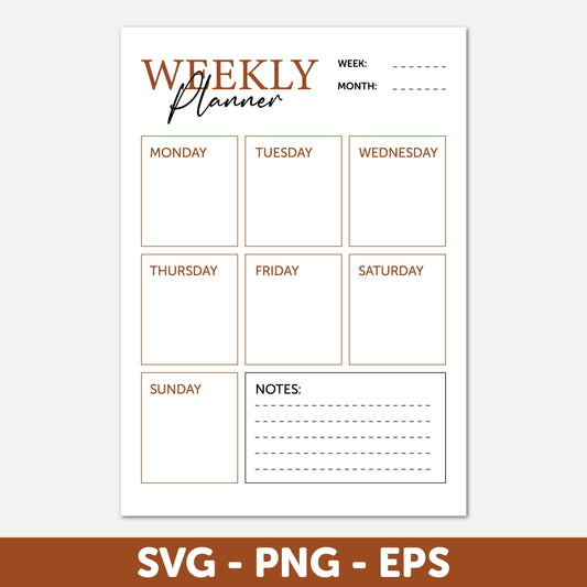 Blank Calendar SVG, Digital Weekly Calendar Vector, Digital Weekly Planner, Printable Planner, Planner for Office, Weekly Schedule Planner