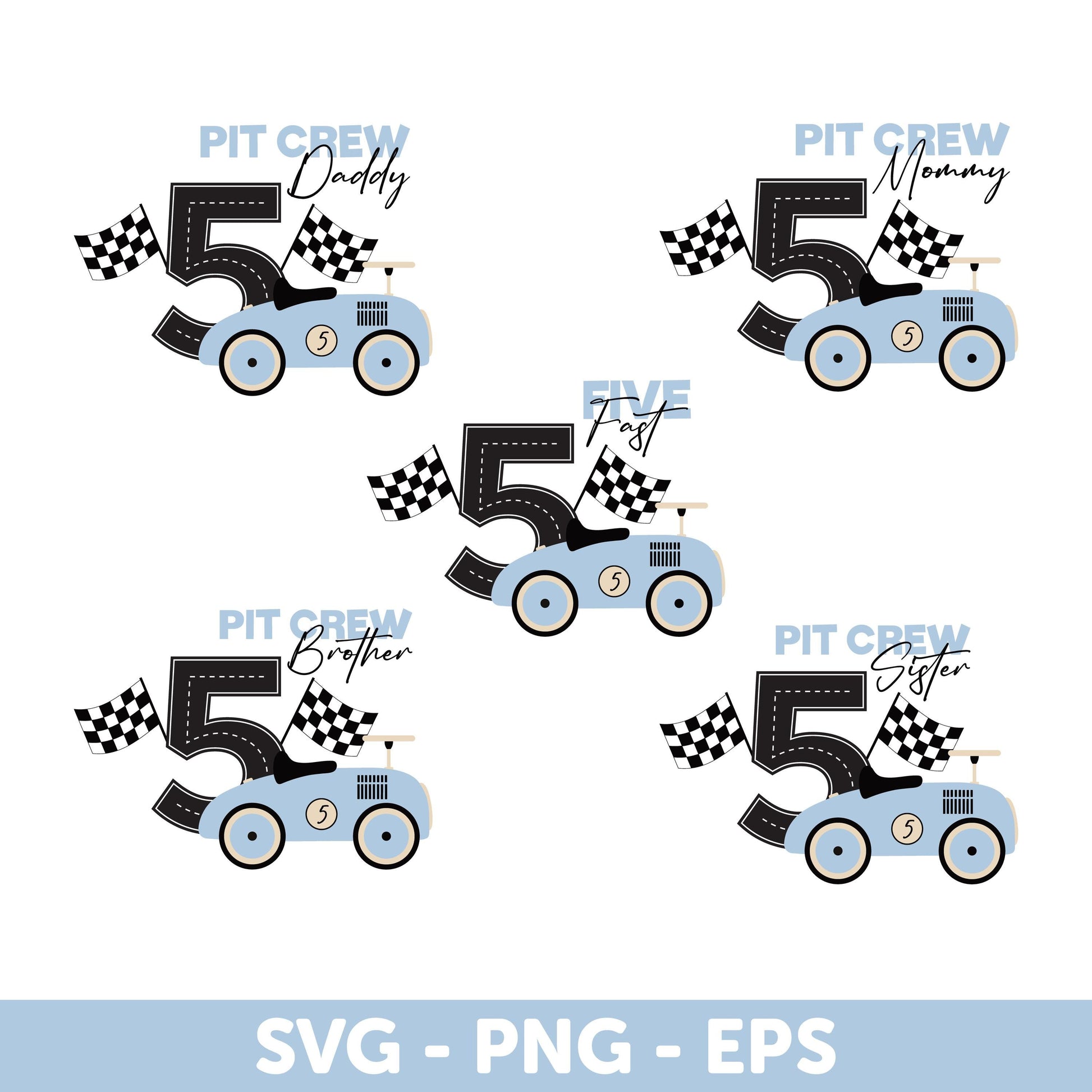 Race Car Birthday SVG Bundle - Pit Crew Family Shirts for 5th Birthday - Racing Theme Digital Download PNG EPS, Matching Family Birthday Svg