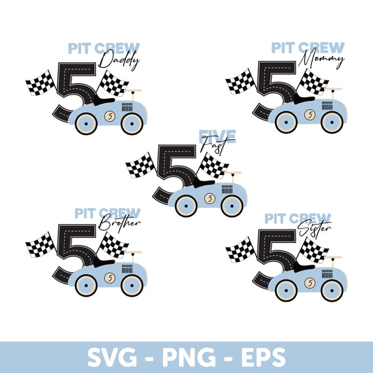 Race Car Birthday SVG Bundle - Pit Crew Family Shirts for 5th Birthday - Racing Theme Digital Download PNG EPS, Matching Family Birthday Svg