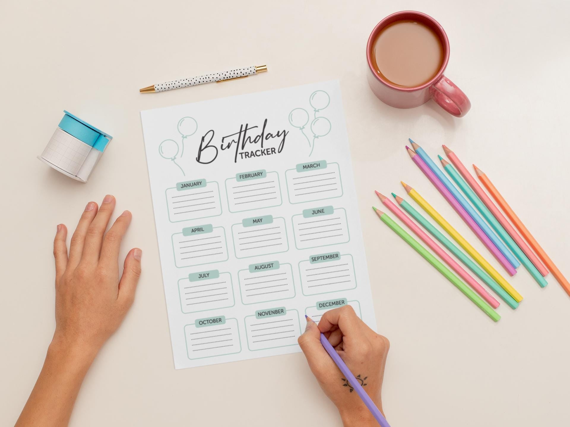 Birthday Tracker Printable, Birthday Planner, Monthly Birthday Calendar Digital Download - Organize Birthdays SVG