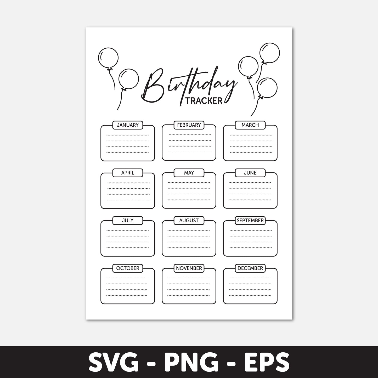 Printable Birthday Tracker SVG, Digital Birthday Calendar Template SVG, A4 Planner Insert, Birthday List Organizer Eps, Digital Download