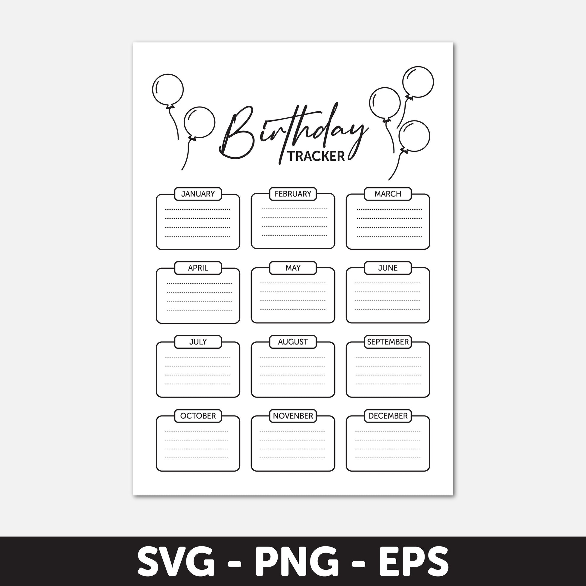 Printable Birthday Tracker SVG, Digital Birthday Calendar Template SVG, A4 Planner Insert, Birthday List Organizer Eps, Digital Download