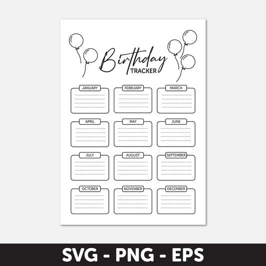 Printable Birthday Tracker SVG, Digital Birthday Calendar Template SVG, A4 Planner Insert, Birthday List Organizer Eps, Digital Download