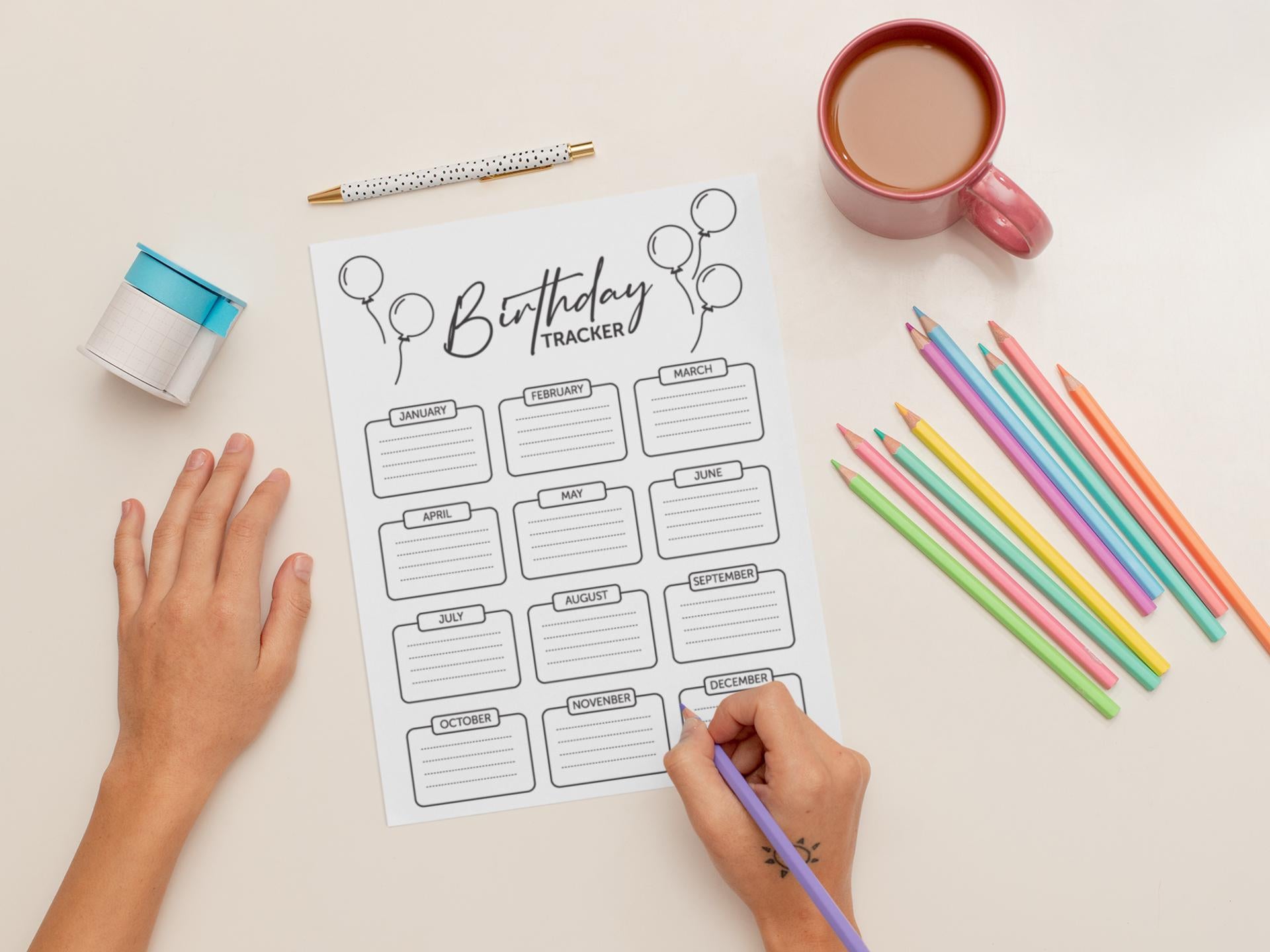 Printable Birthday Tracker SVG, Digital Birthday Calendar Template SVG, A4 Planner Insert, Birthday List Organizer Eps, Digital Download