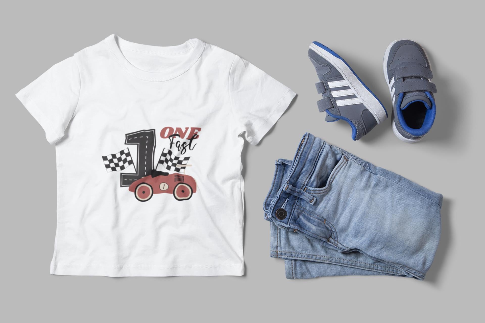 One Fast Birthday SVG - Red Race Car First Birthday Design with Checkered Flags for Boys, First Birthday SVG, Red Race Car Birthday