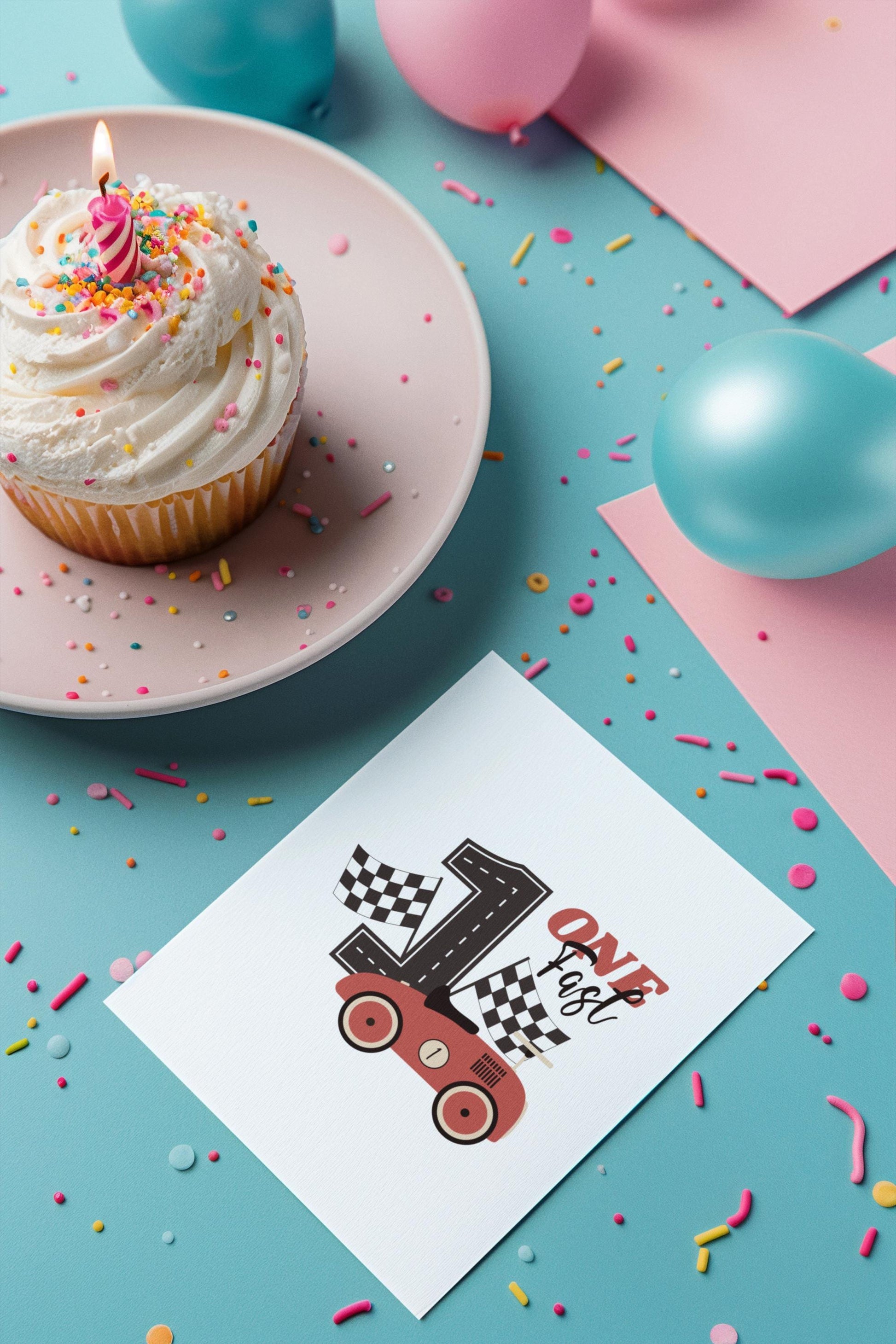 One Fast Birthday SVG - Red Race Car First Birthday Design with Checkered Flags for Boys, First Birthday SVG, Red Race Car Birthday