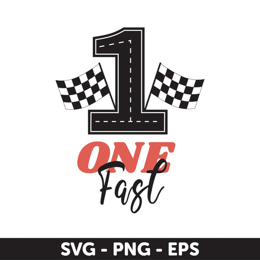 One Fast Birthday Svg - Race Car Theme for 1st Birthday Party Decorations, 1st birthday design, Birthday Design with Checkered Flags Svg