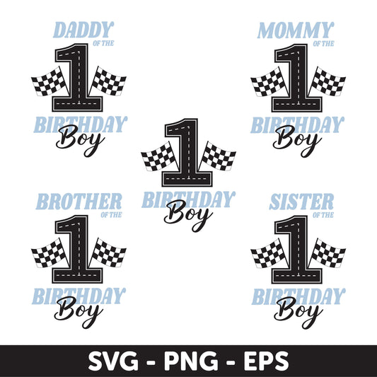 First Birthday Boy Racing Theme Family SVG Bundle - Matching Birthday Shirt Designs, Racing Theme Birthday Svg, Checkered Flag Design Svg