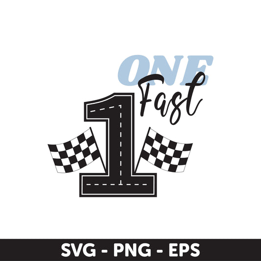 One Fast Birthday SVG - Race Car Themed First Birthday Design with Checkered Flags for Boys, 1st Birthday Boy, Racing Theme Party Svg